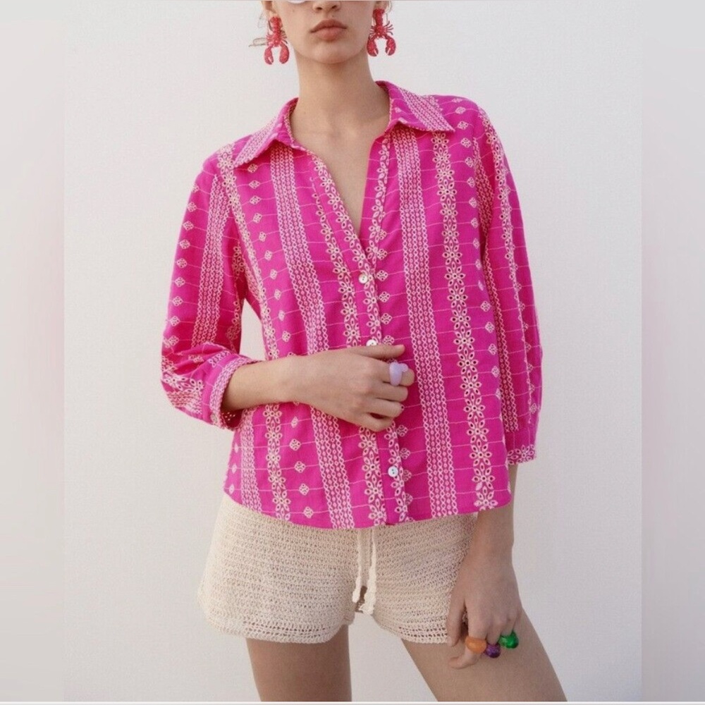 Zara Women’s Openwork Embroidery Eyelet Blouse - Pink size L